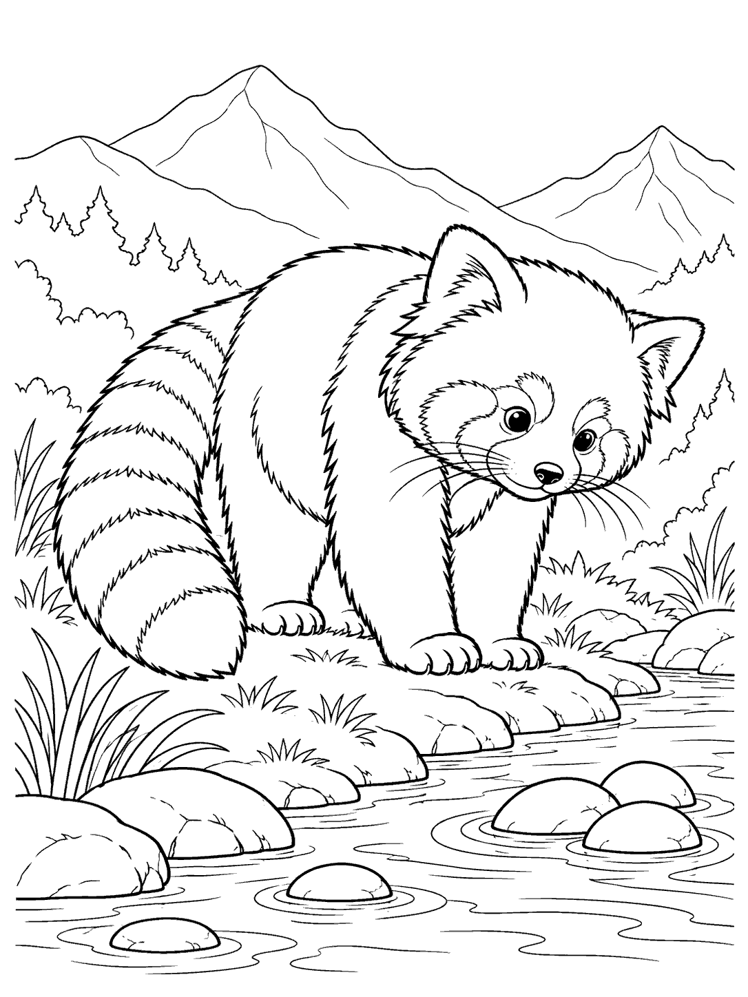 Red panda standing beside a mountain stream with smooth stones, grasses, and distant mountains