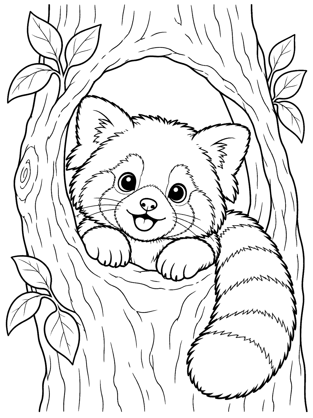 Black and white coloring page showing a red panda peeking from a rounded tree hollow, with its forepaws and ringed tail visible among simple bark lines and leaves.