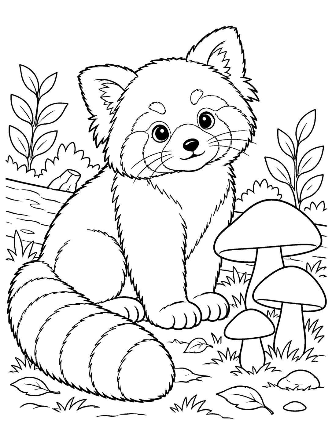 Seated red panda with pointed ears, face markings, paws, and a full ringed tail beside three unfilled mushrooms.