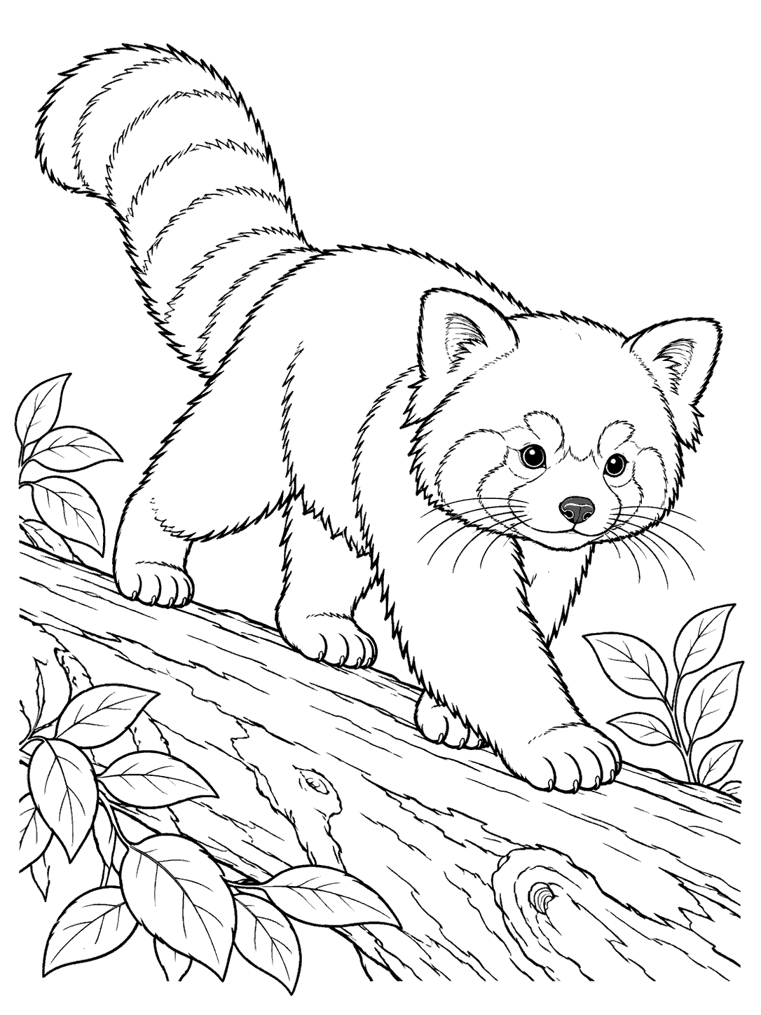 A red panda with a raised, ringed tail crossing a fallen log among leaves.