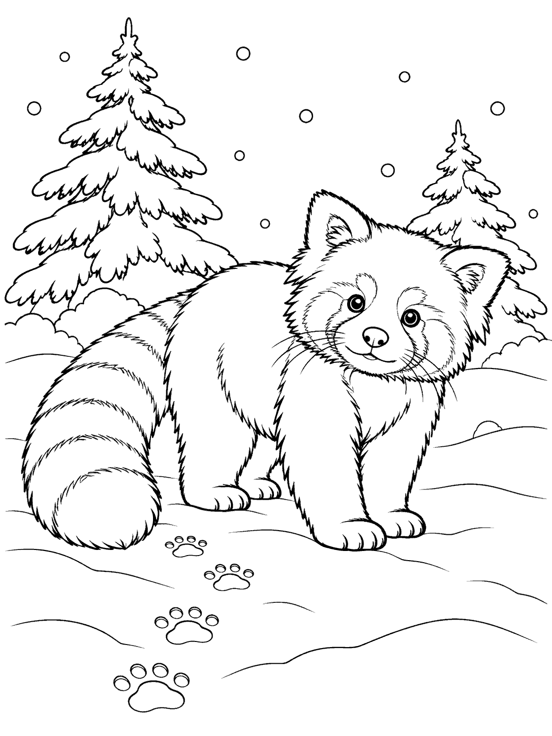 A large red panda with a bushy ringed tail standing in a snowy forest, with two evergreen trees, falling snowflakes, and a trail of pawprints.