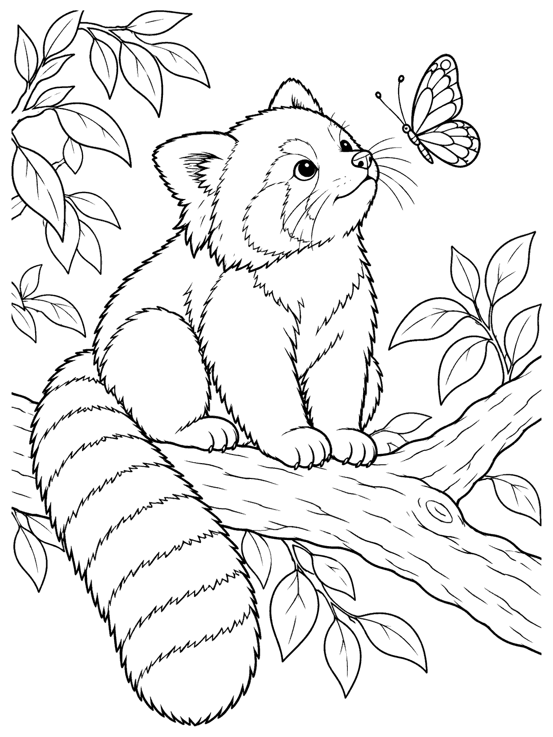 Black-and-white coloring page of a red panda sitting on a branch, looking at a butterfly, with its striped tail fully visible and sparse leaves around it.