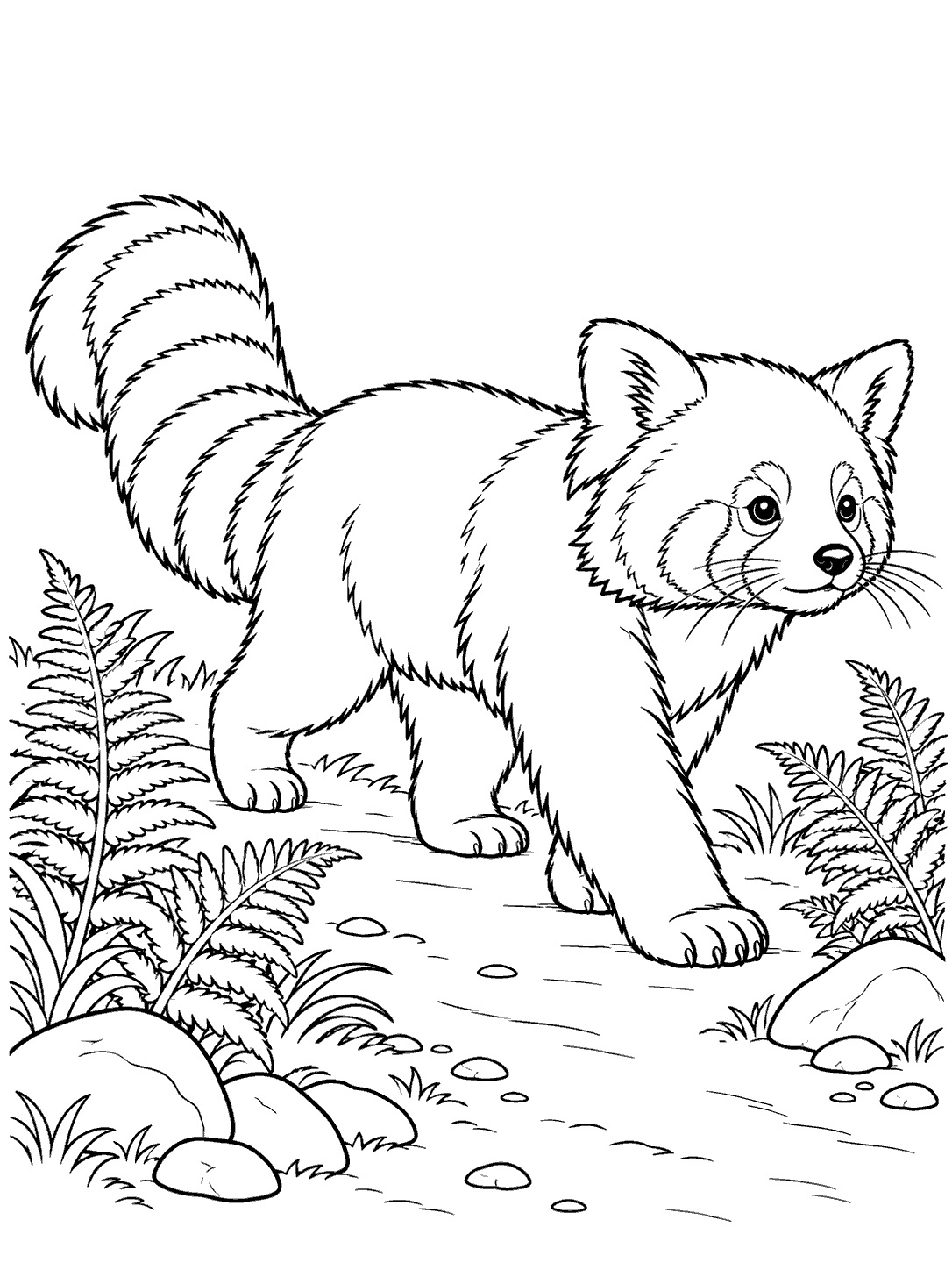 Red panda strolling along a forest path between fern clusters and stones