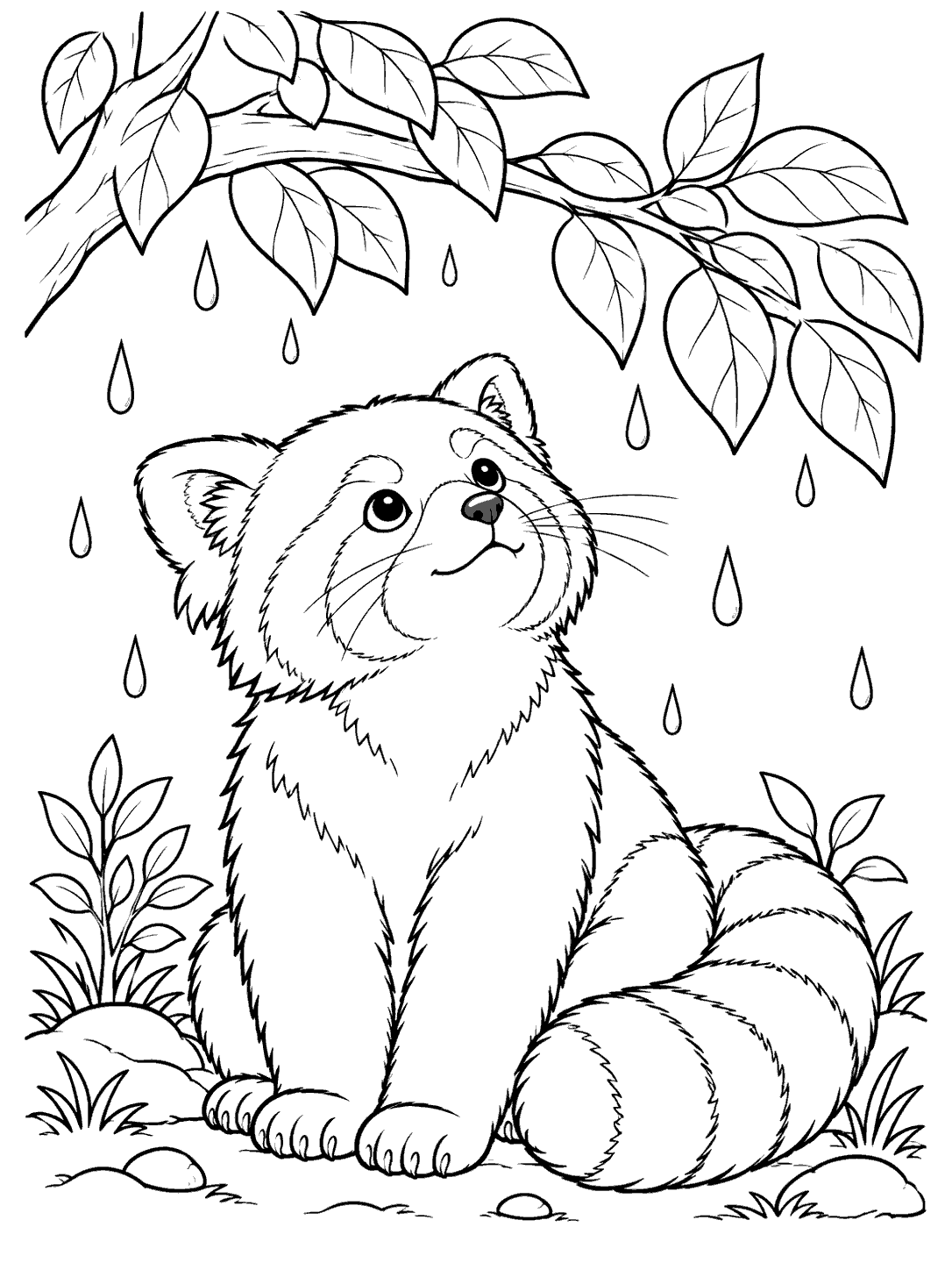 Red panda sitting with its curled ringed tail beneath a leafy branch as raindrops fall