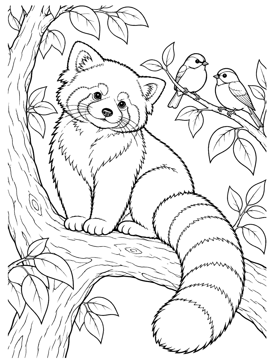 A seated red panda with a full bushy ringed tail on a tree limb, beside two small birds on a twig.