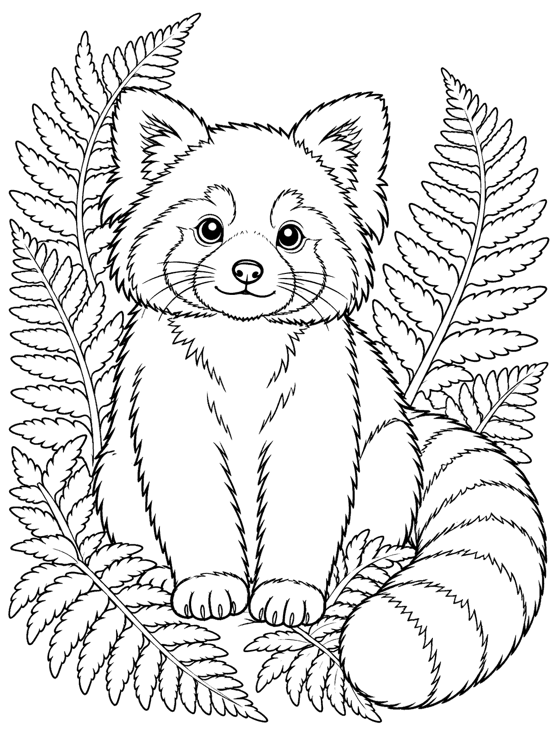 Front-facing red panda with a full ringed tail, framed by fern fronds.