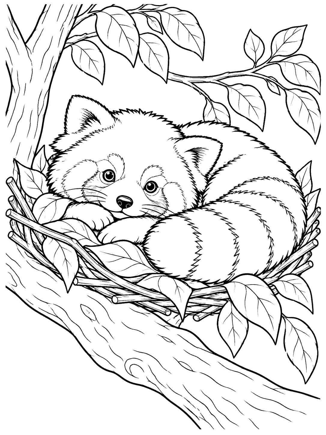 Red panda curled in a leafy nest on a branch, its face and ringed tail visible.