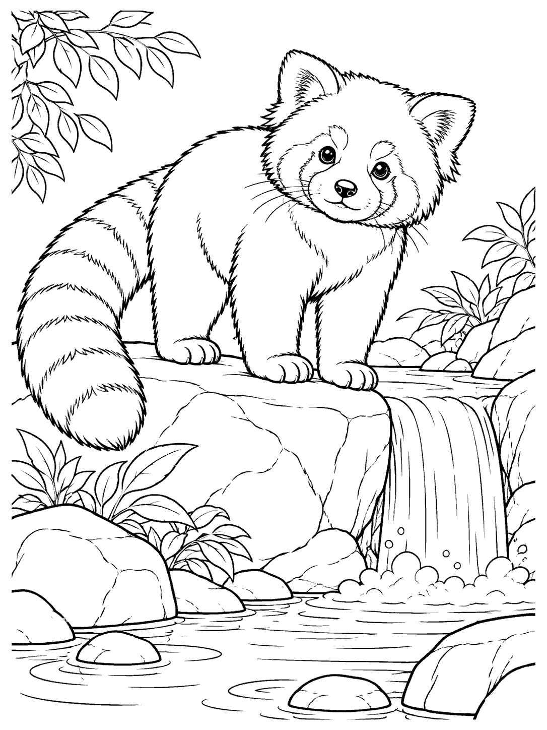 A red panda with a large ringed tail stands on a rock beside a waterfall flowing into a shallow pool, surrounded by leaves and stones.