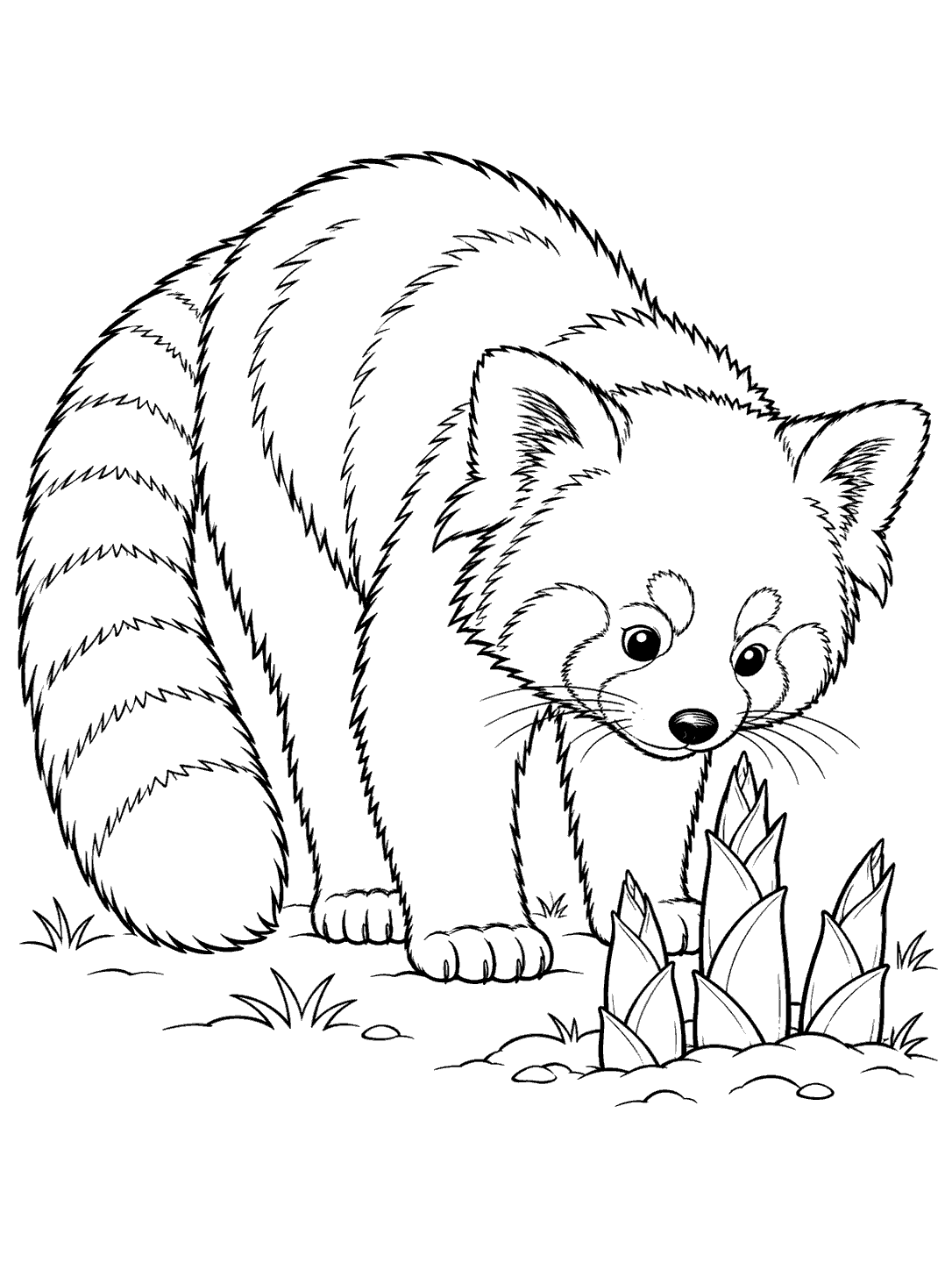 A red panda with a long ringed tail sniffs three bamboo shoots.