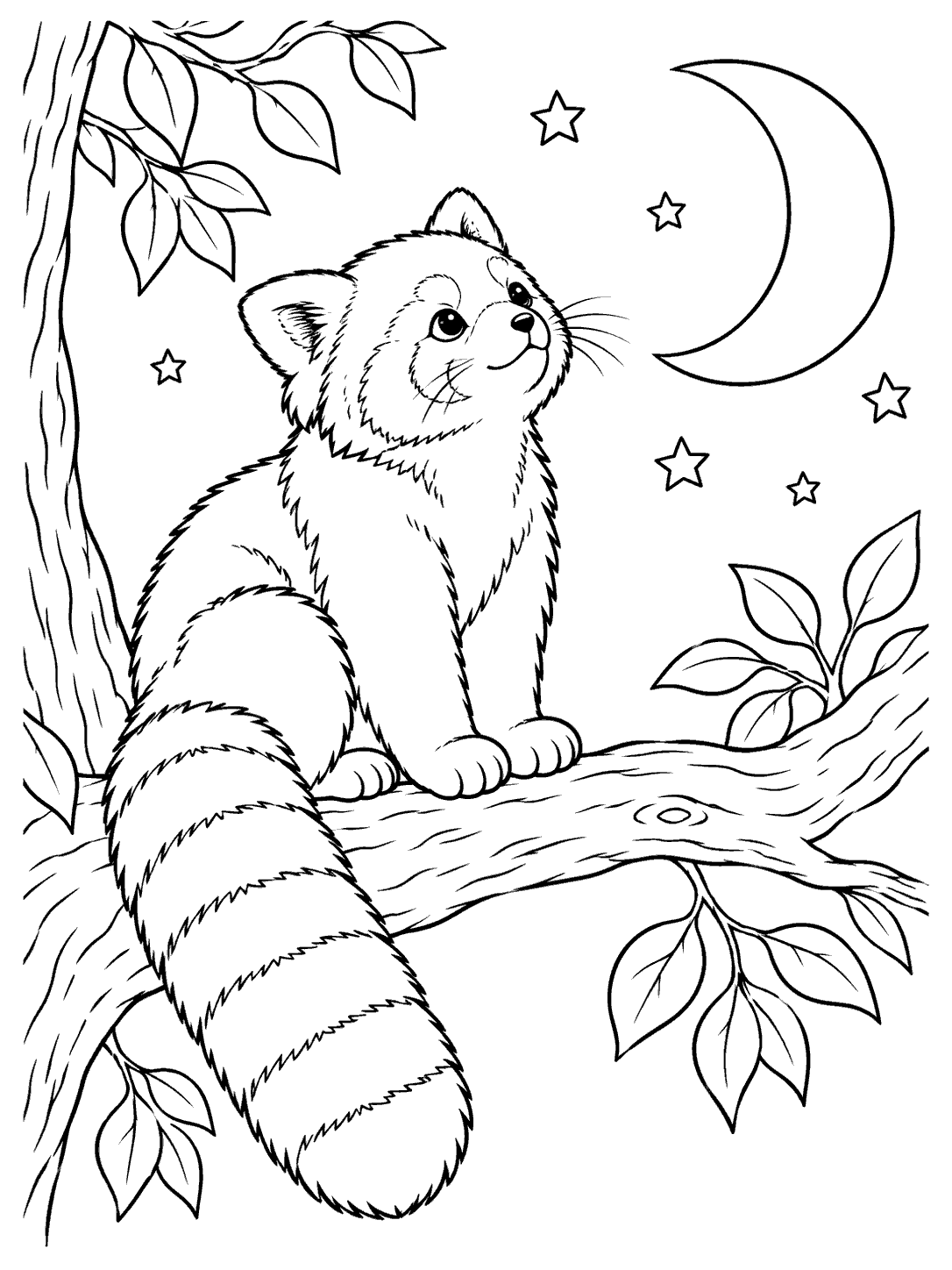 A seated red panda with a distinct ringed tail gazes toward a large crescent moon, surrounded by stars and leaves.