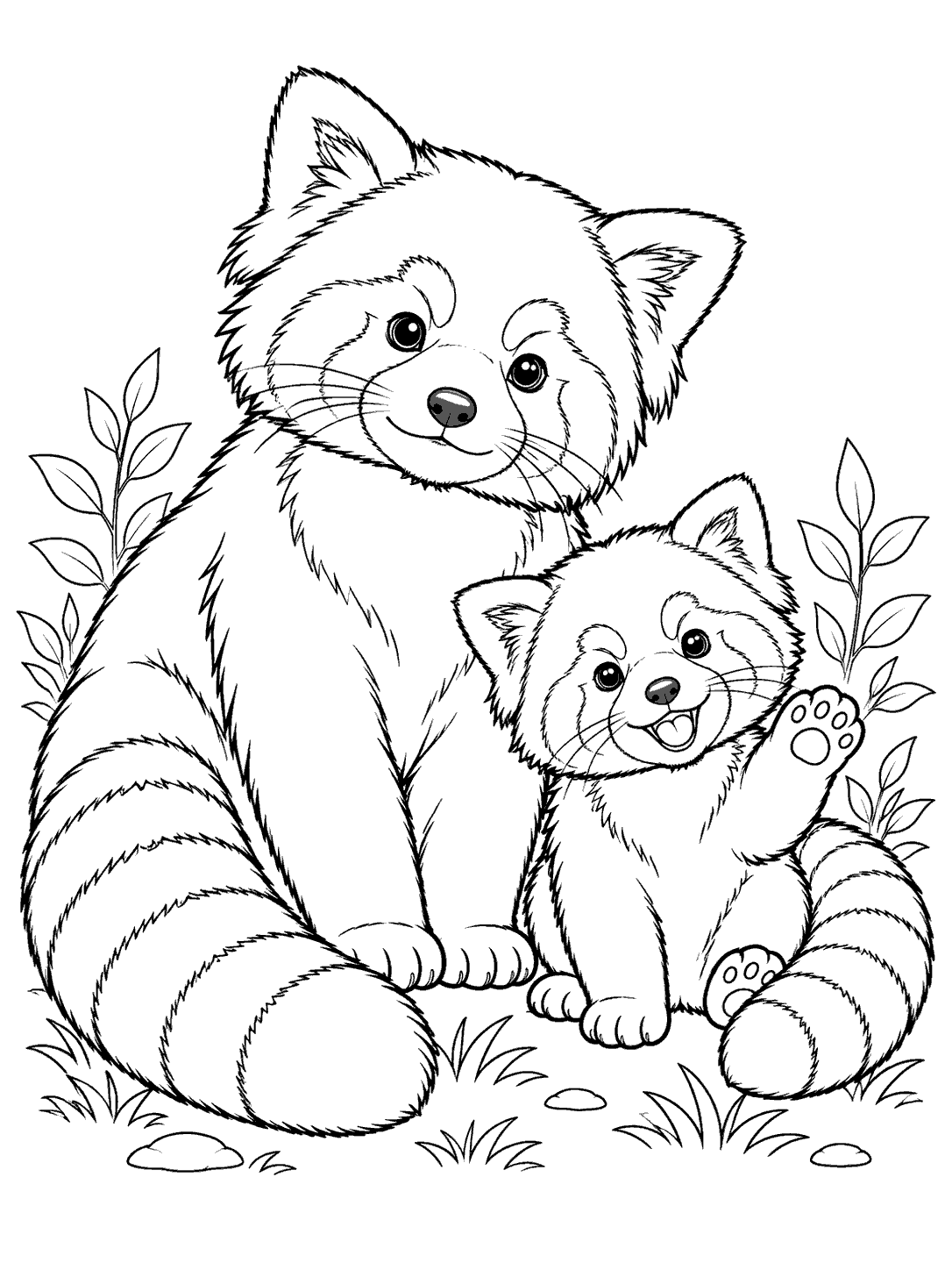 Black-and-white coloring page showing an adult red panda beside a playful cub, both with ringed tails and surrounded by a few leaves and grass tufts.