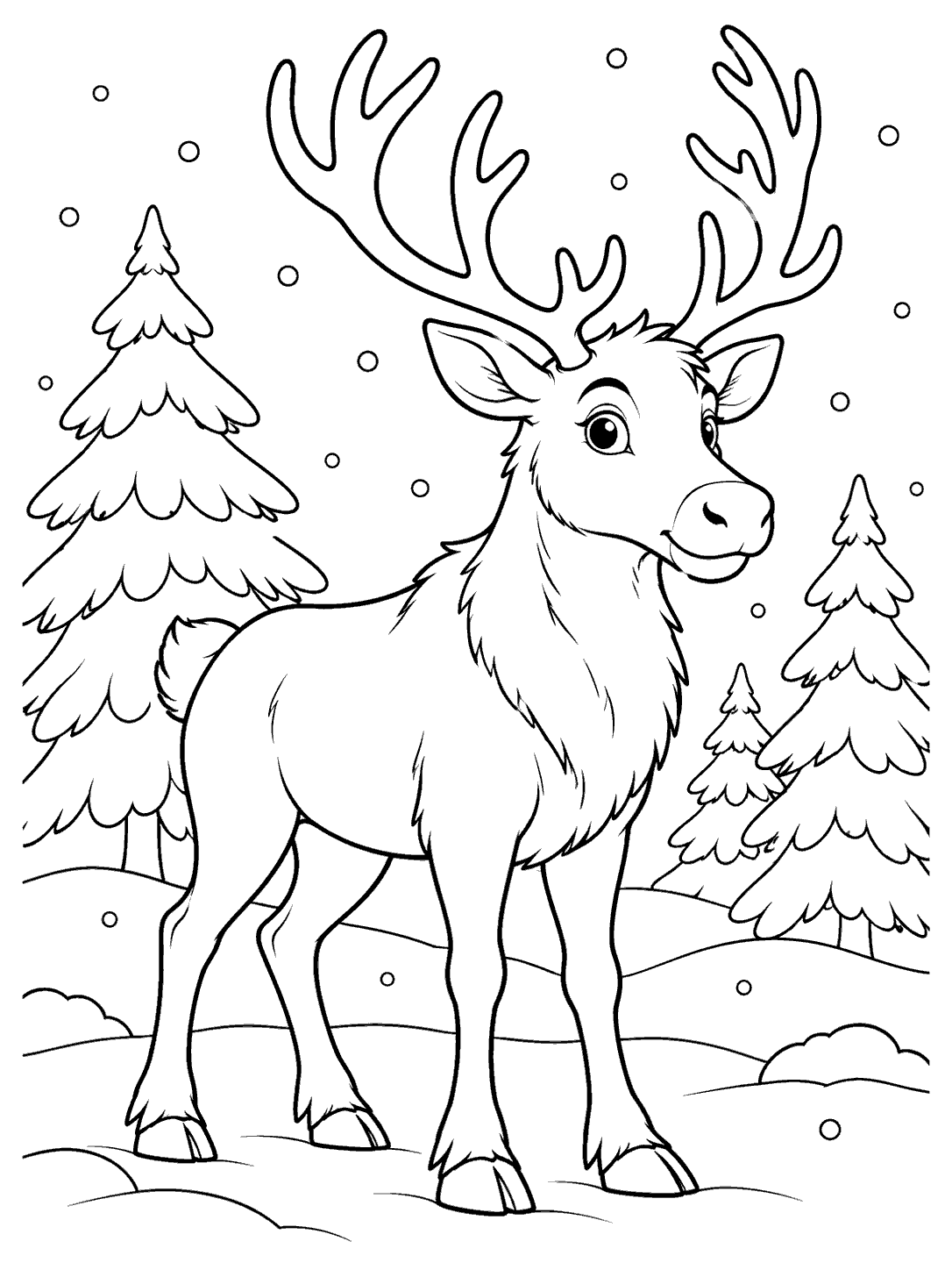 Black-and-white coloring page showing a prominent reindeer in a snowy forest with three pine trees.