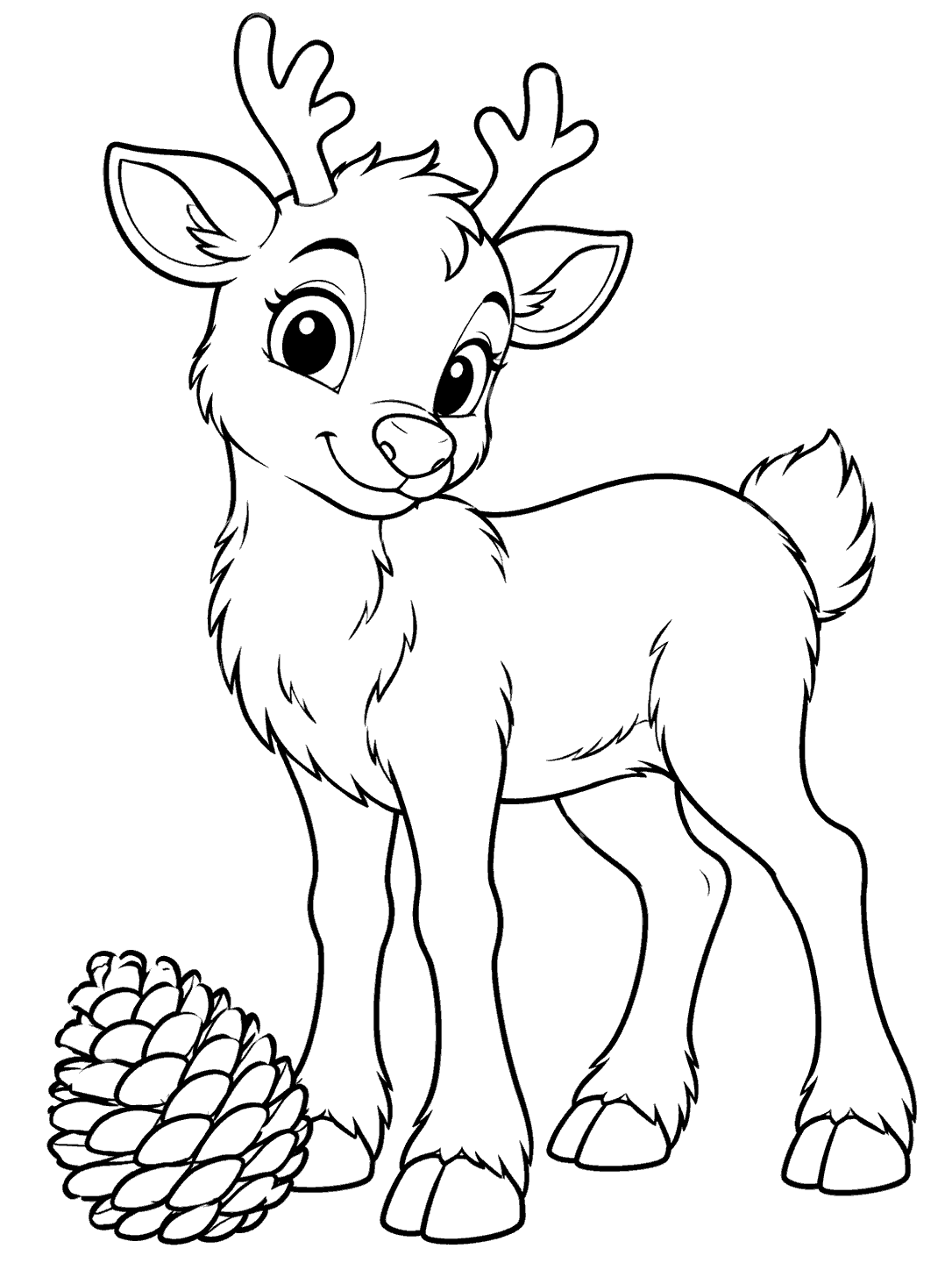 Black-outline coloring page of a smiling young reindeer calf with small antlers standing beside a large pinecone.
