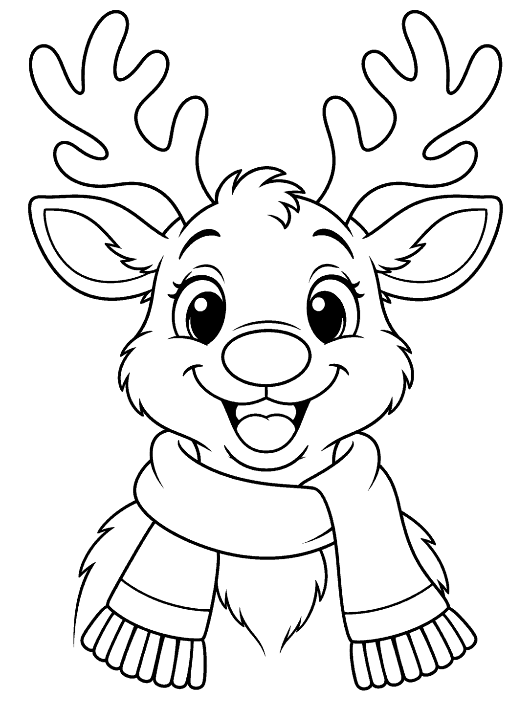 Front-facing reindeer with intact antlers and a long scarf coloring page