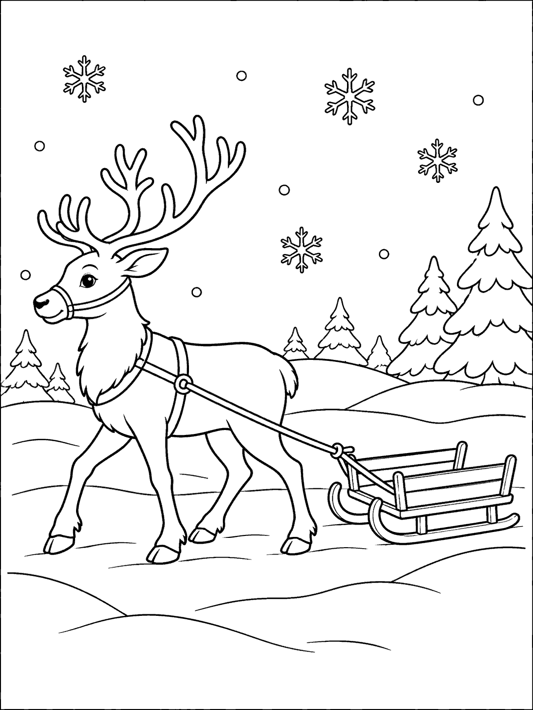 Black-outline coloring page of a reindeer pulling a small wooden sled through a snowy scene with snowflakes and evergreen trees.