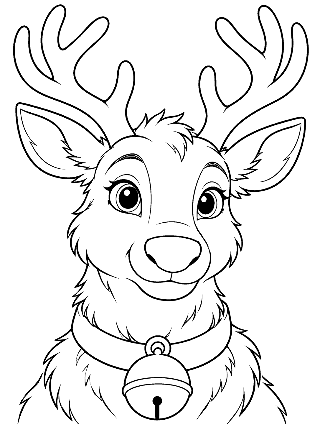 Portrait coloring page of a cheerful reindeer with balanced antlers, a broad collar, and a large bell.
