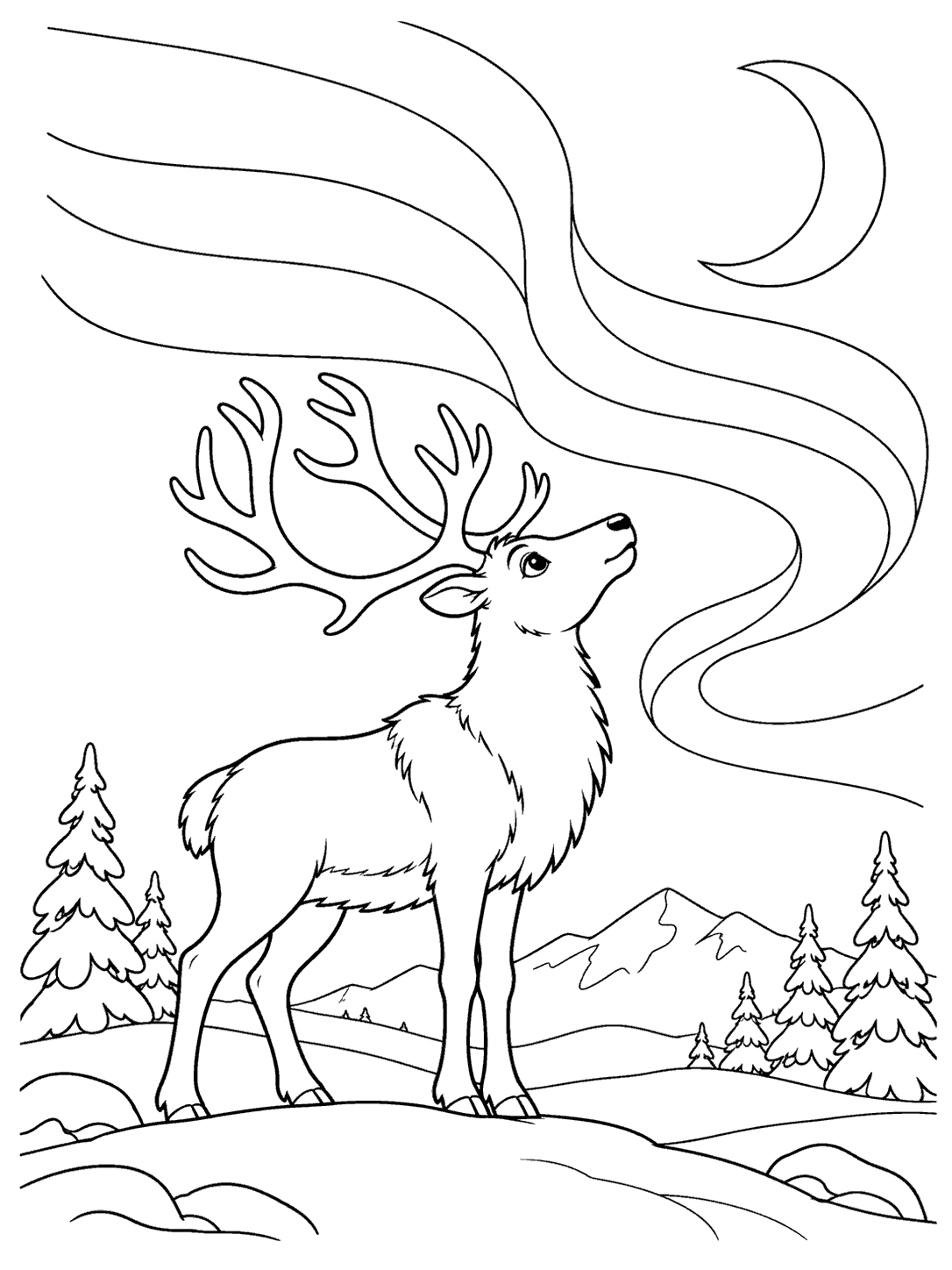 Reindeer standing on a snowy ridge beneath northern lights and a crescent moon coloring page