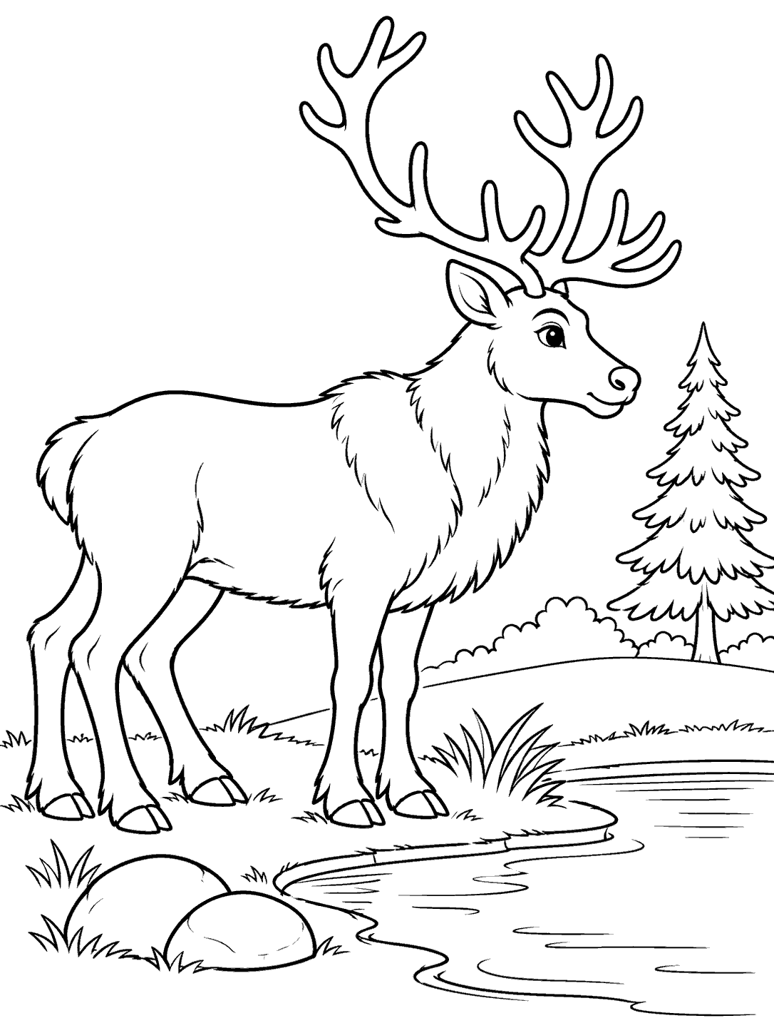 Reindeer by a woodland pond coloring page, with a pine tree, grass, stones, and open water.
