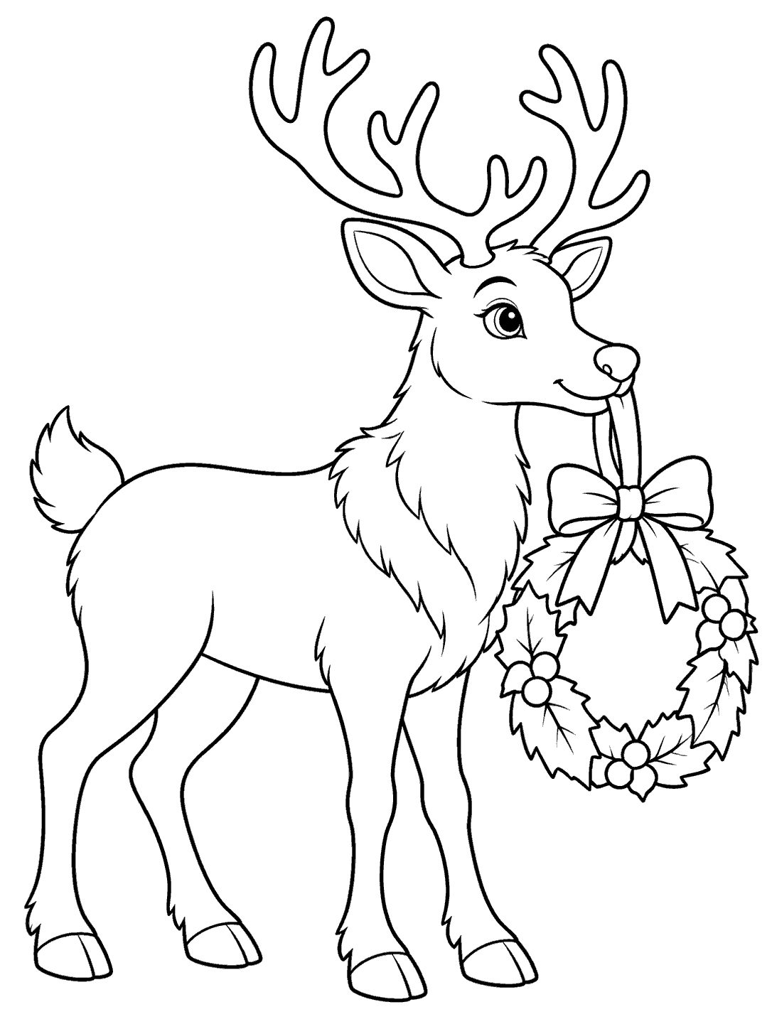 Profile reindeer holding a ribboned evergreen wreath coloring page