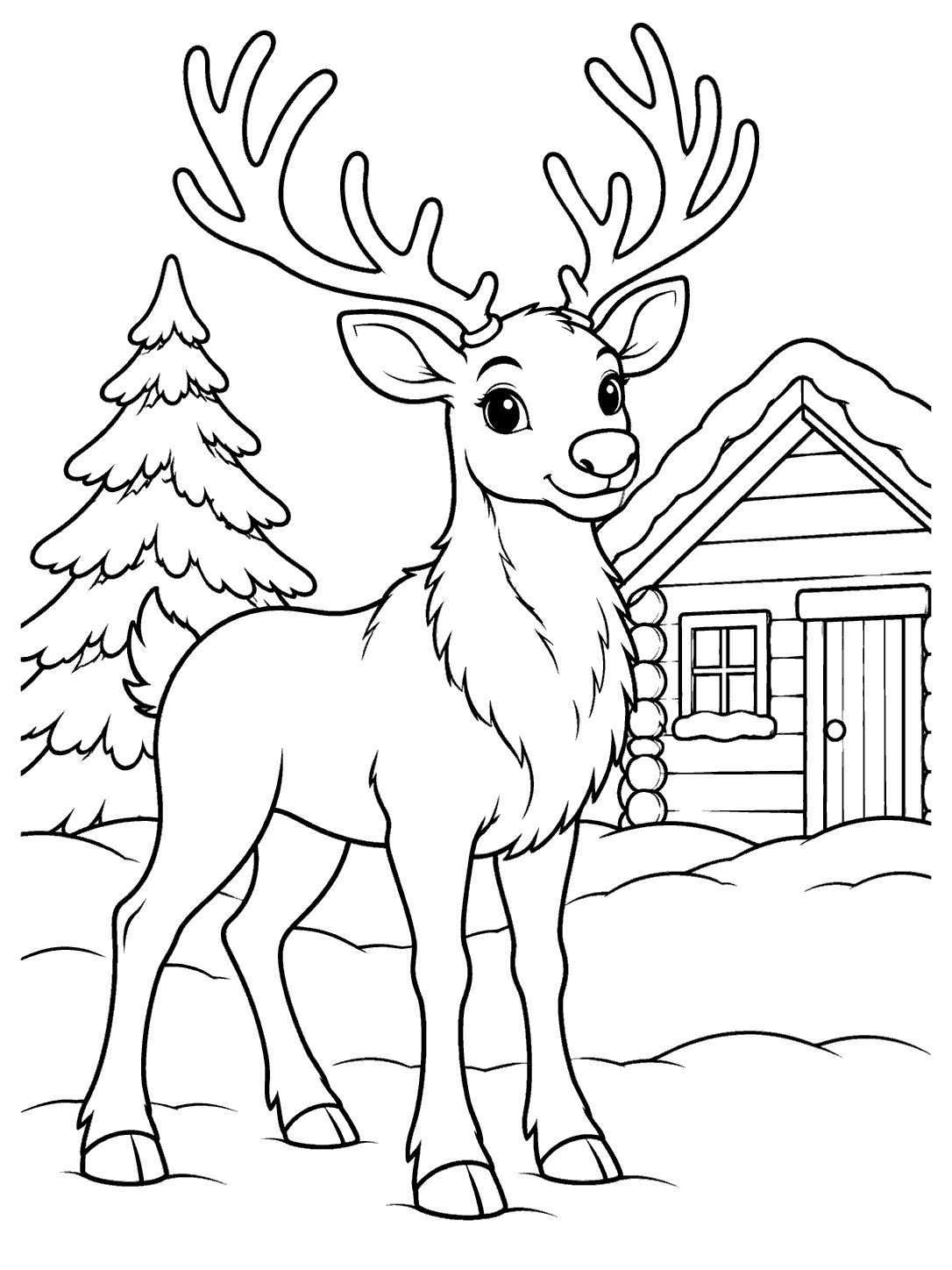 Black-and-white reindeer coloring page showing a reindeer standing outside a snowy log cabin beside a pine tree.