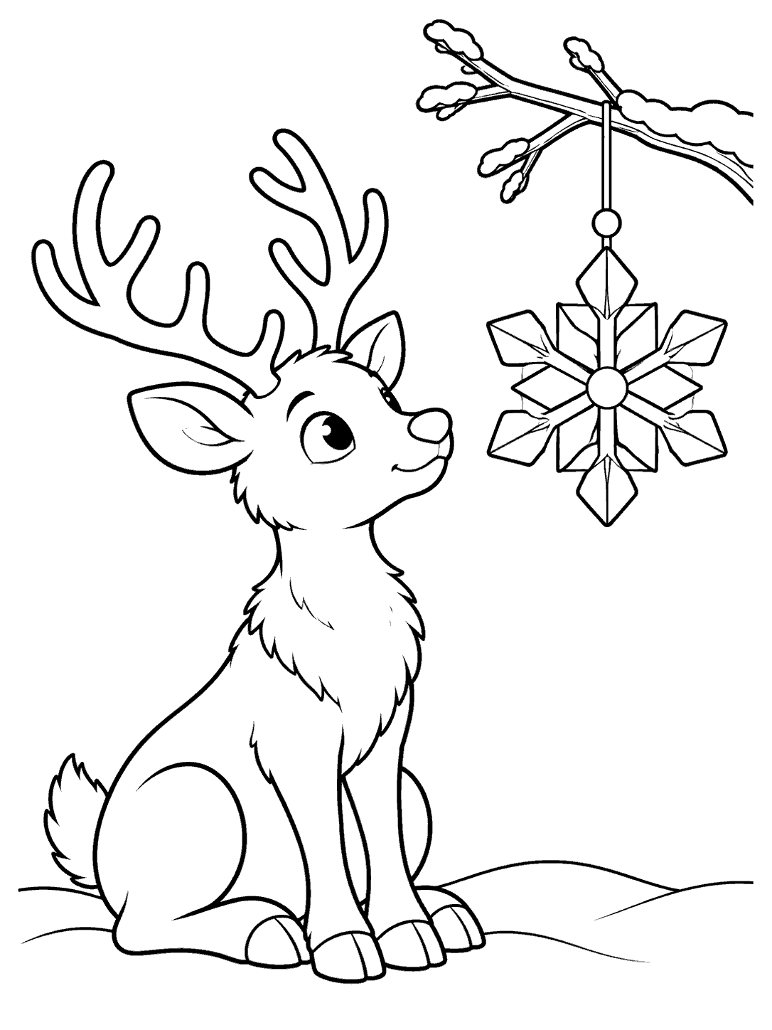Black and white coloring page showing a seated reindeer looking up at a large geometric snowflake ornament hanging from a branch.