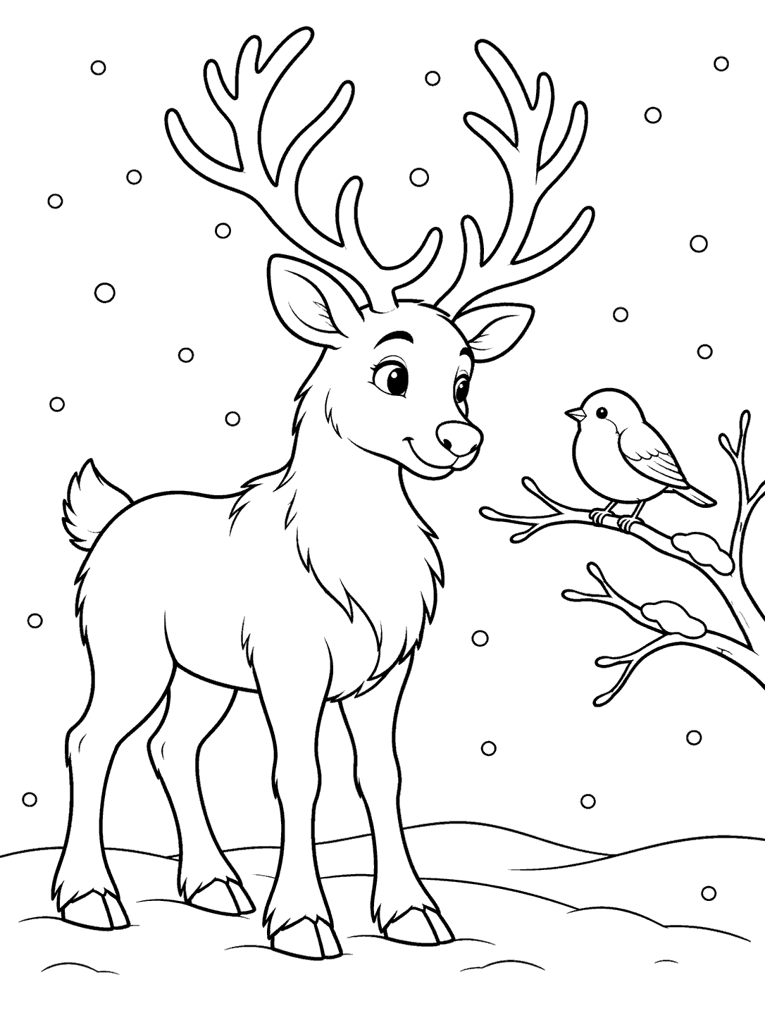 Black-and-white reindeer coloring page with a robin perched on a bare branch, falling snow dots, and a snowy ground line.
