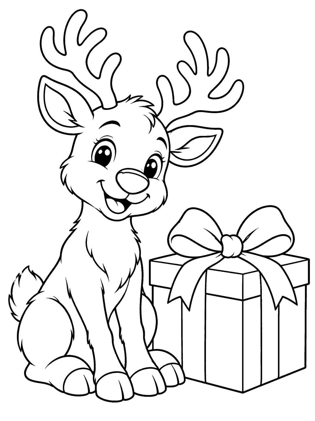 Black-and-white coloring page showing a smiling seated reindeer with fully visible antlers beside a large square gift with a ribbon and bow.