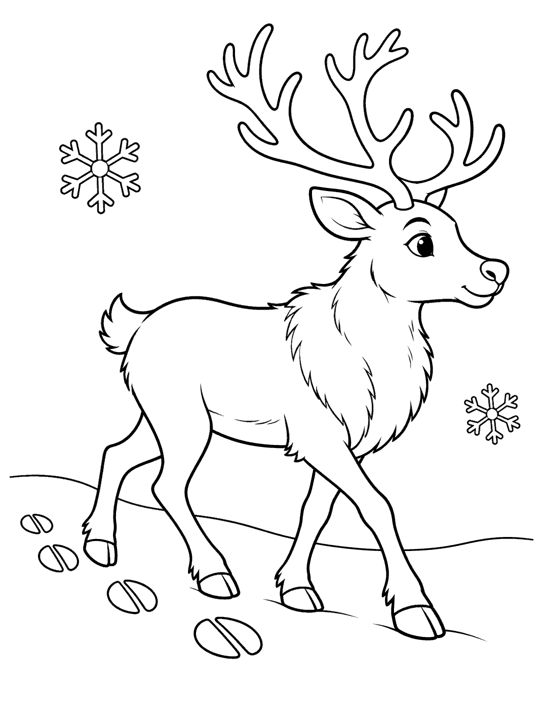Side-view reindeer walking among hoofprints, with a snowbank and two snowflakes, in a coloring page.