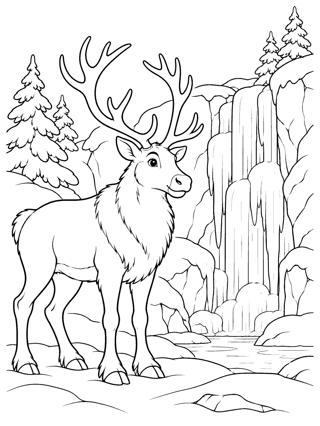Reindeer beside frozen waterfall coloring page