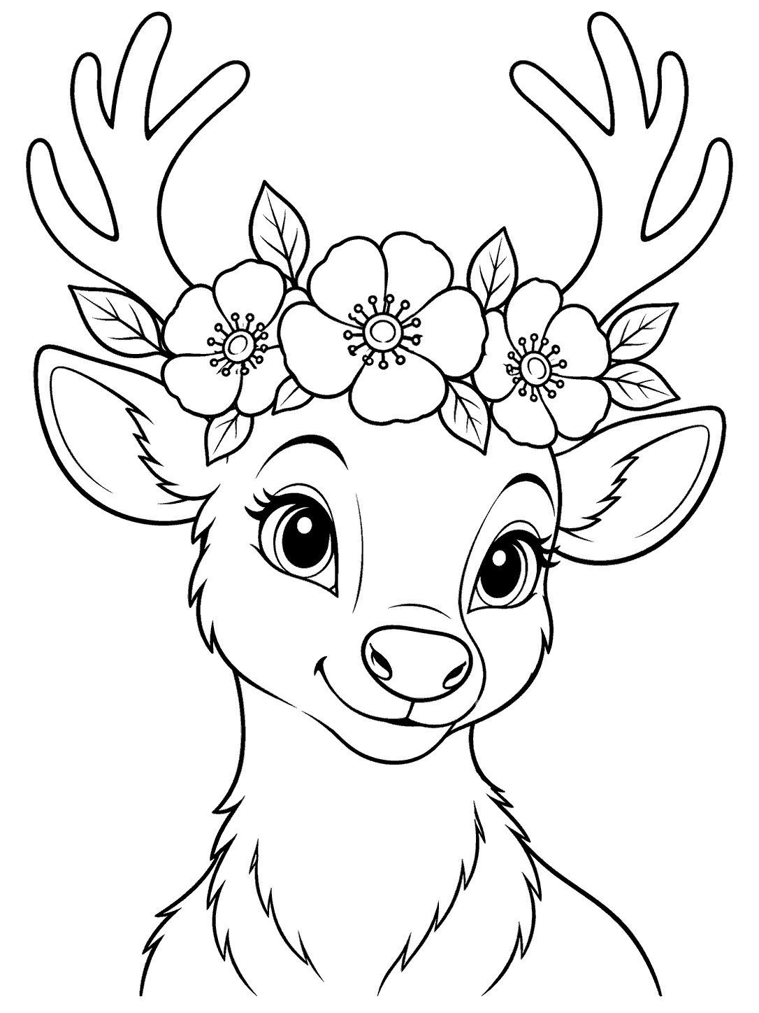 Portrait coloring page of a smiling reindeer with antlers and a crown of three flowers and leaves.