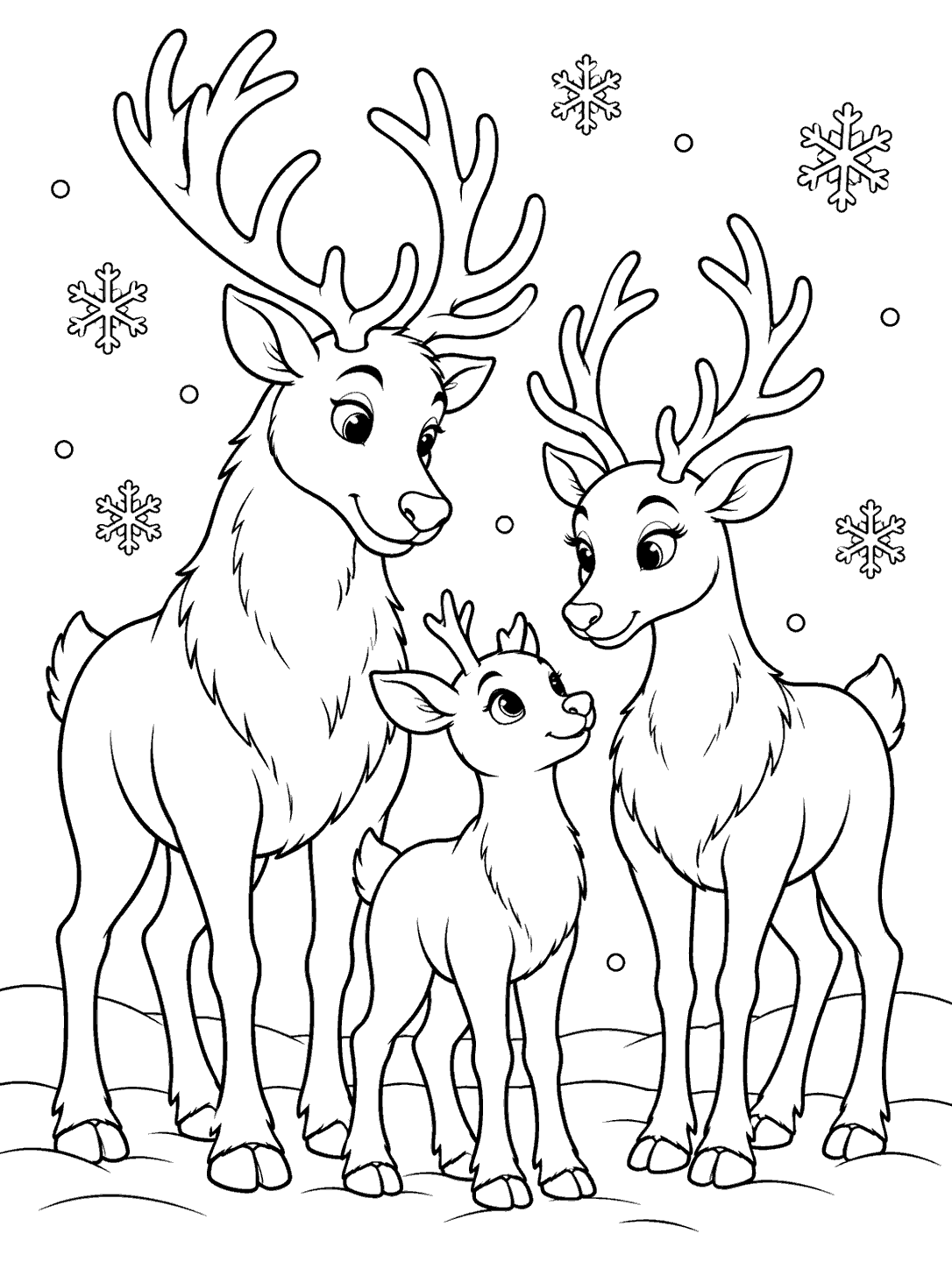 Black-outline coloring page showing two adult reindeer and their calf standing in snow beneath falling snowflakes.
