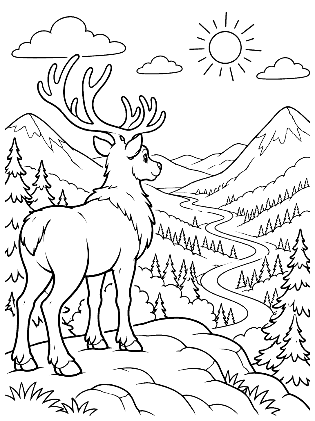 Reindeer facing a winding trail between mountain peaks, with trees, clouds, and a sun.