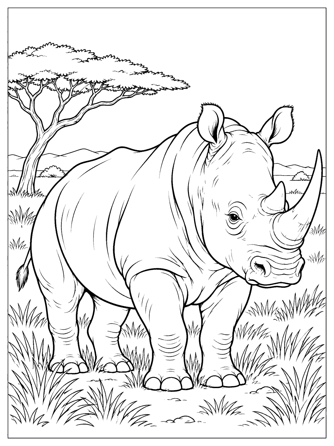 Adult rhino standing in savanna grass beneath a low acacia tree, with distant shrubs and open sky.
