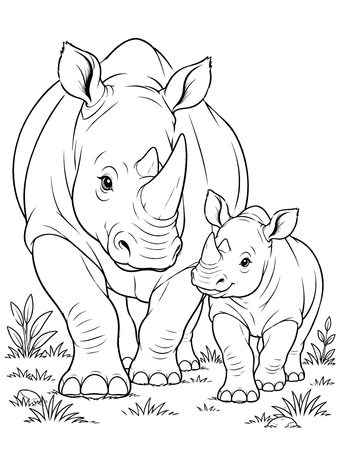 Black-and-white coloring page showing a large adult rhino walking beside a smaller calf on grass, with plants around them.