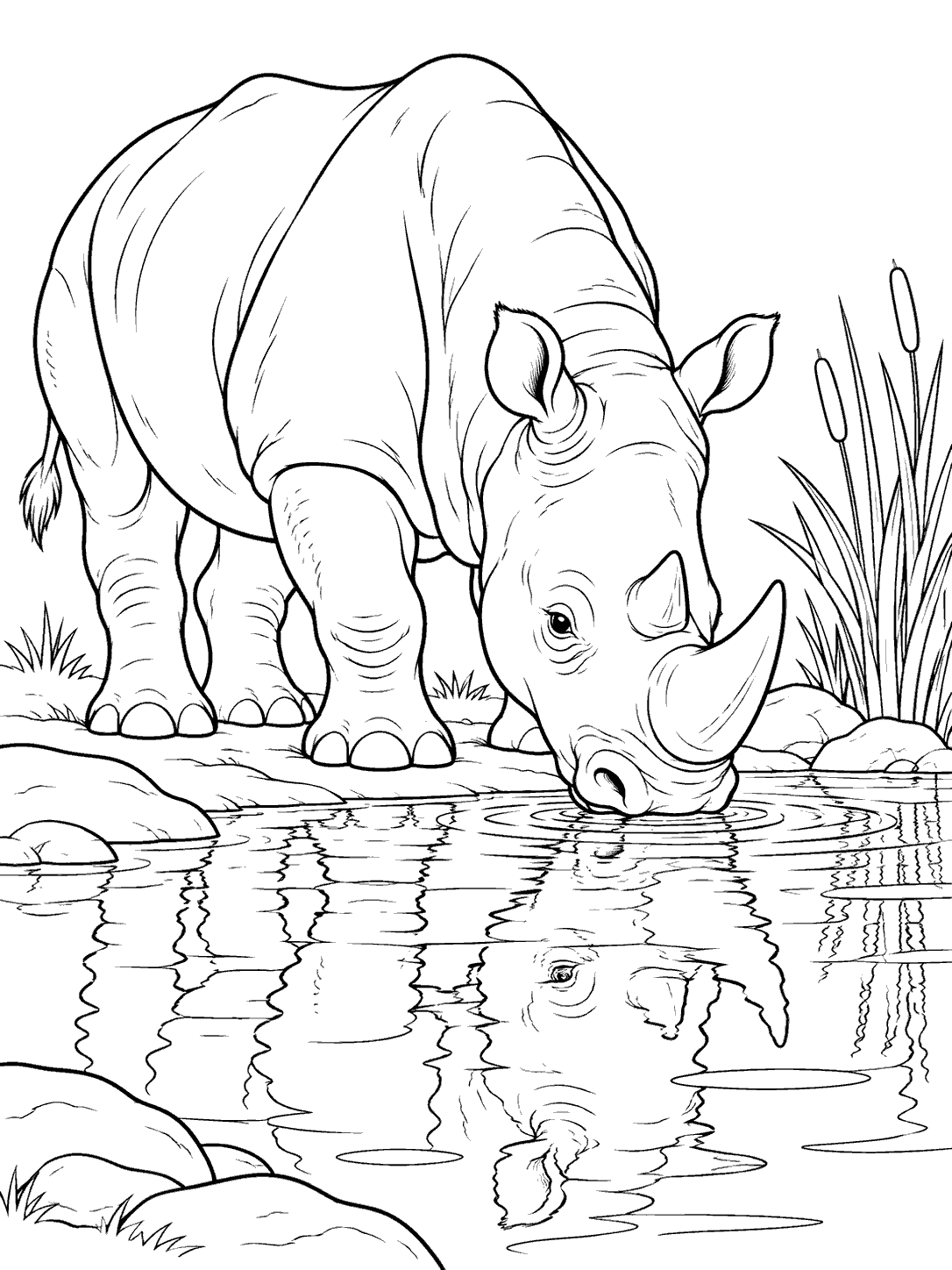 A black-and-white rhino drinking at a watering hole, with reeds at the side and its reflection in the ripples.
