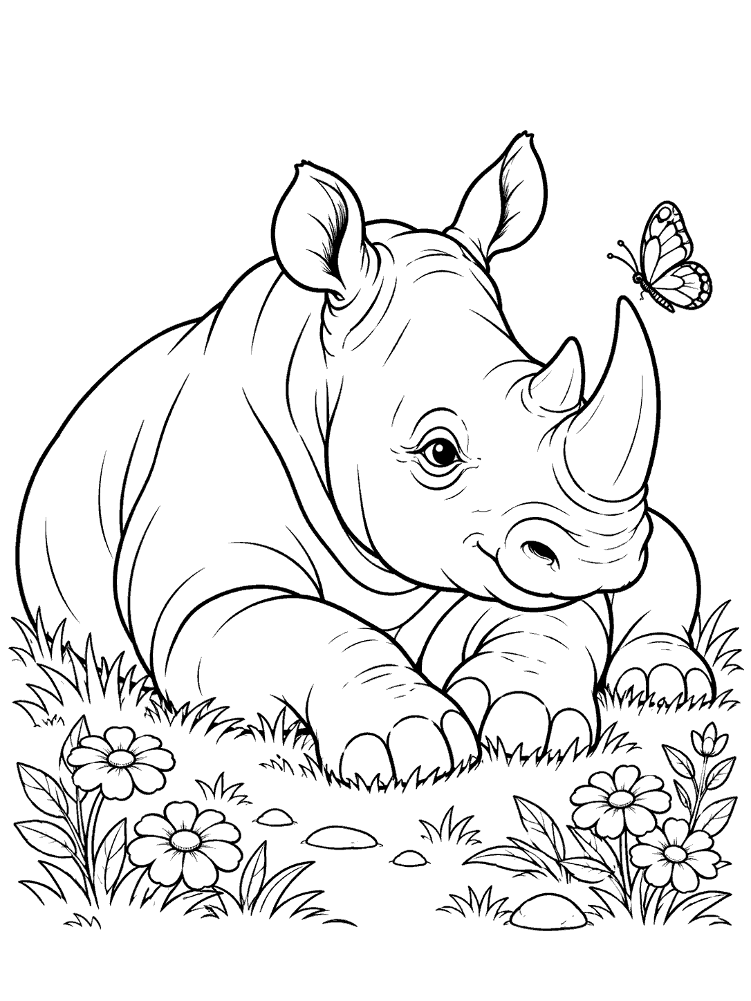 A resting rhino on grass with a butterfly hovering near its horn, surrounded by flowers.
