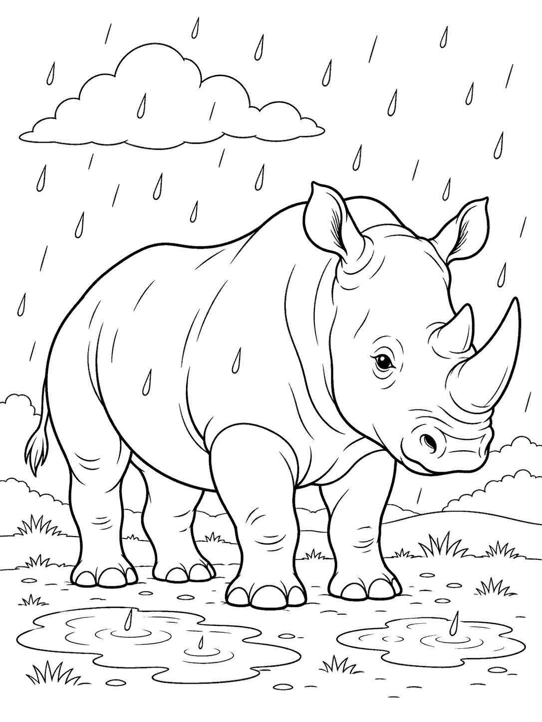 A rhino stands in a light rain shower above two puddles, with a cloud overhead.