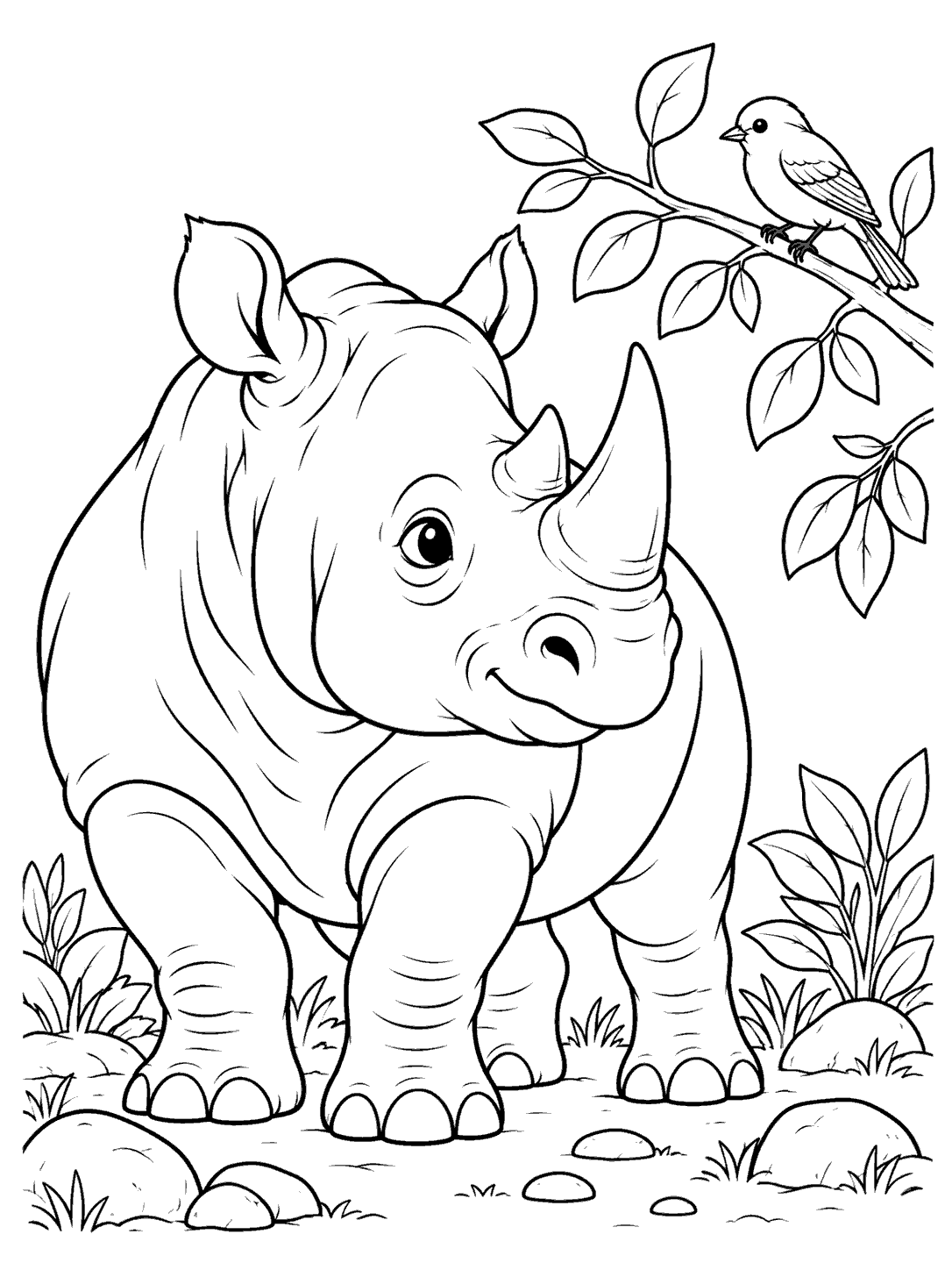 Black and white coloring page showing a large rhino among leaves and stones, with a separate small bird perched on a leafy branch above.