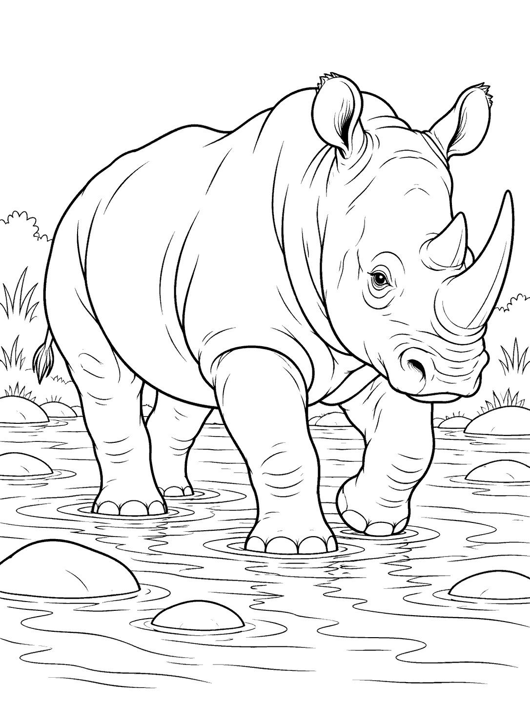 A rhino walking through a shallow stream with visible legs, ripples, and rounded stones.