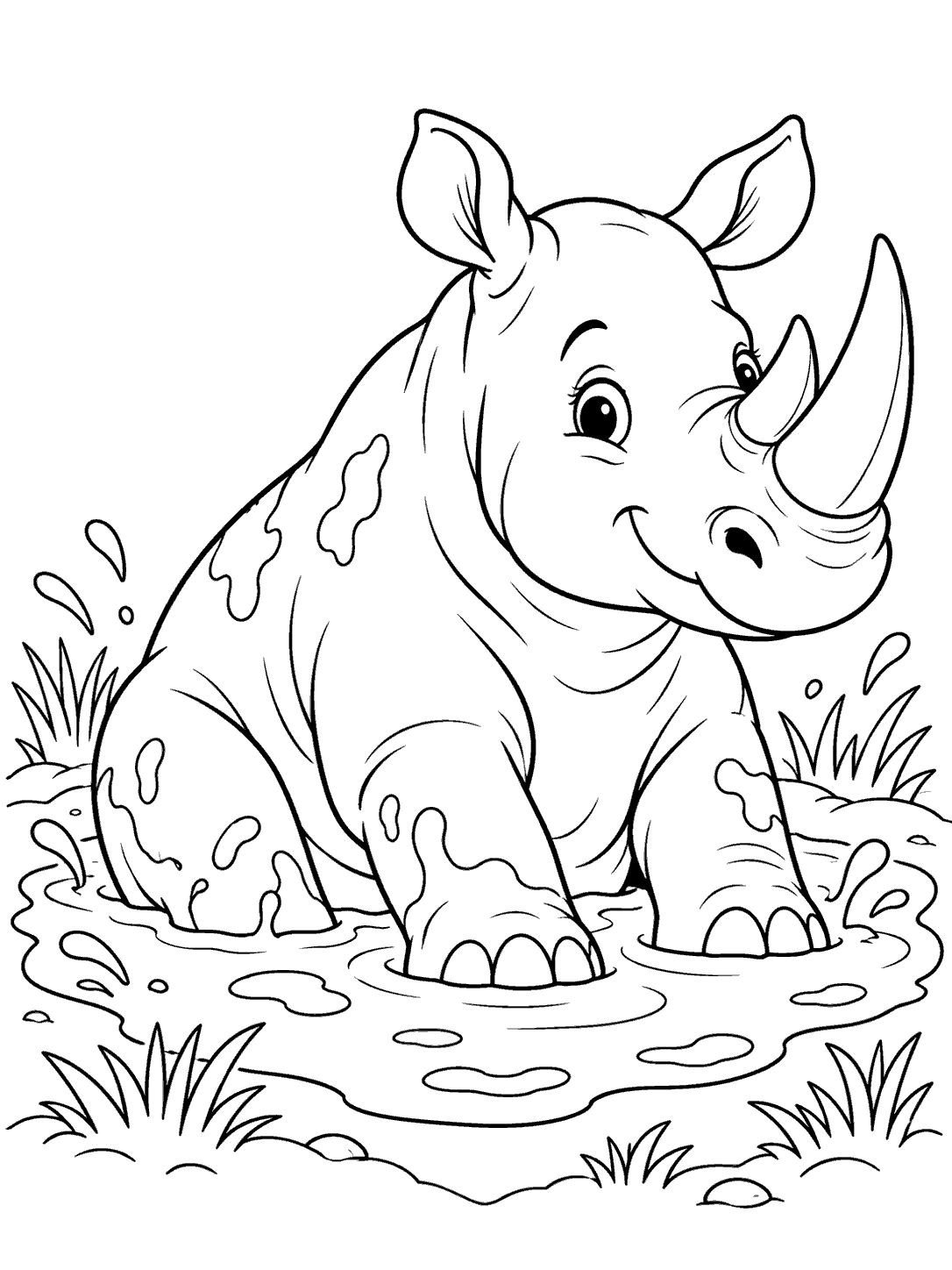 Smiling rhino sitting in a shallow mud pool, surrounded by outlined splashes and grass tufts