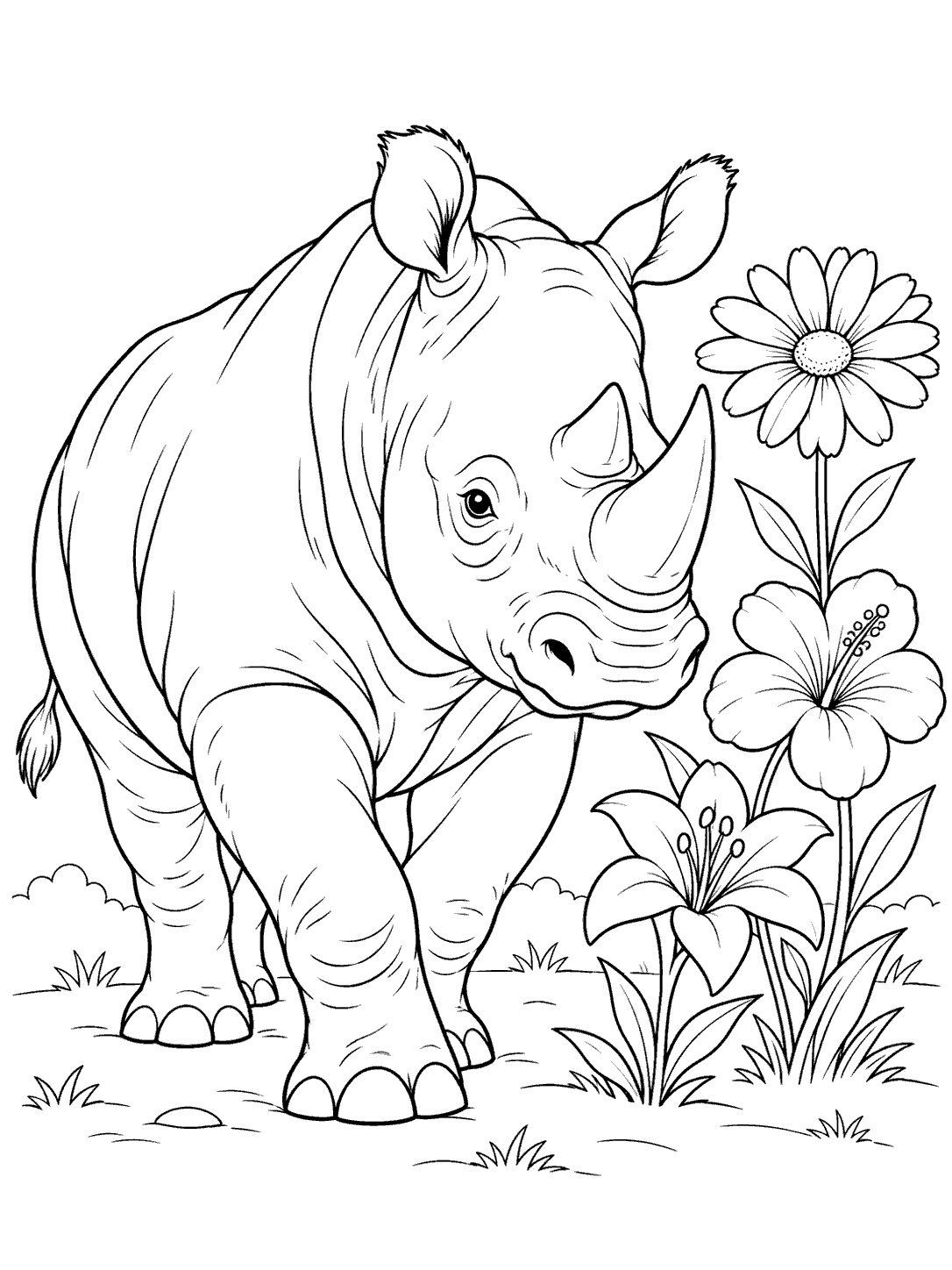 Detailed black-outline rhino walking beside a daisy, hibiscus, and lily, with a light ground line.