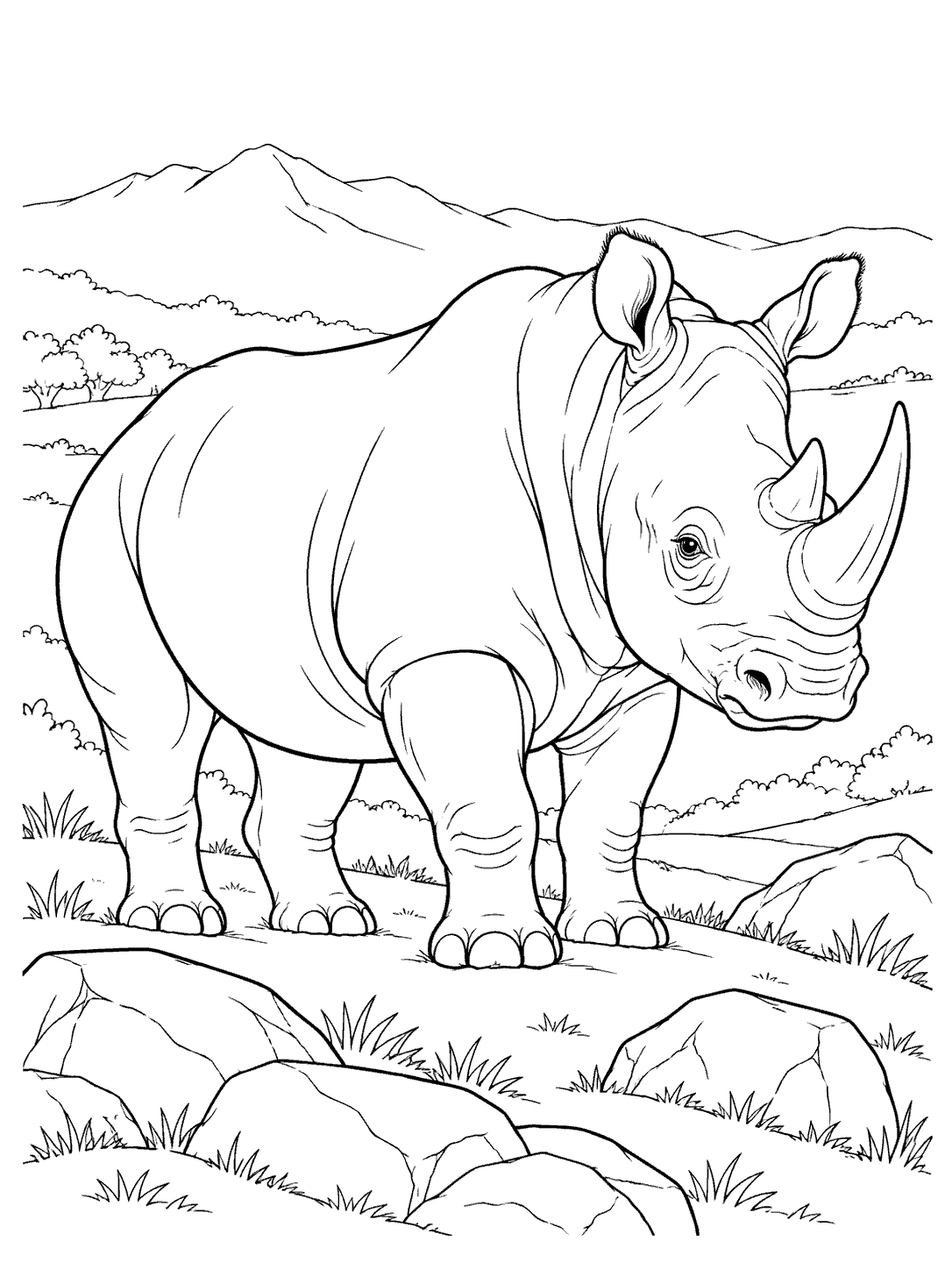 Large rhino standing among separated rocks on a hillside beneath a distant mountain ridge