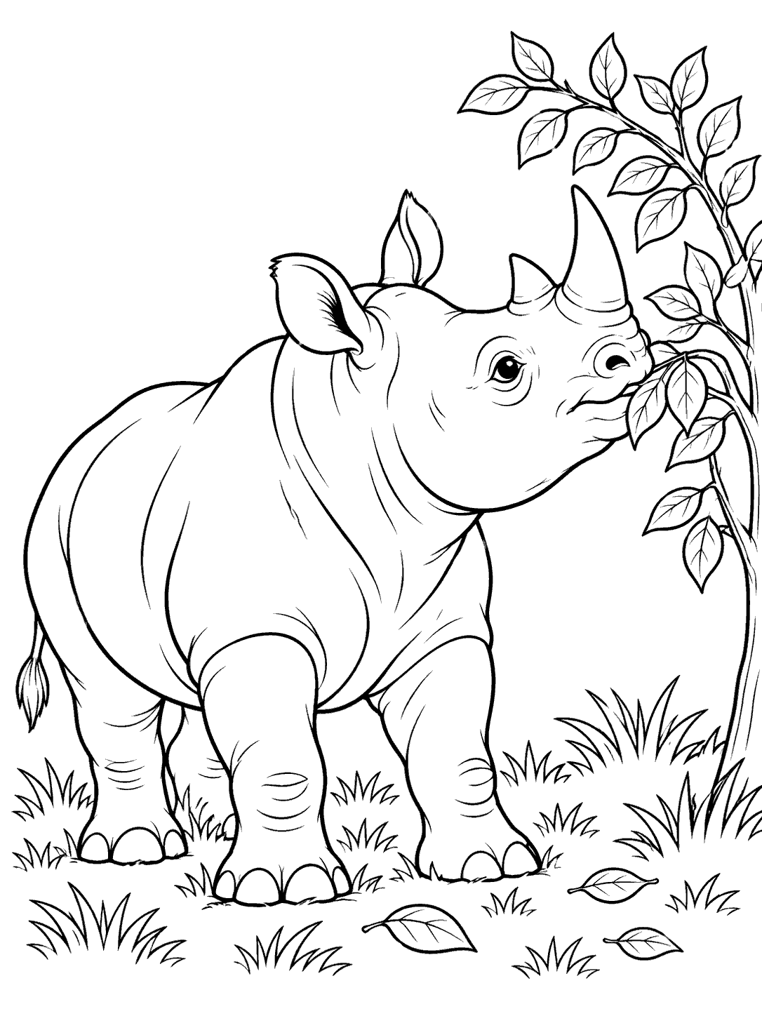 A rhino stretching its head toward a leafy branch, with grass and fallen leaves below.