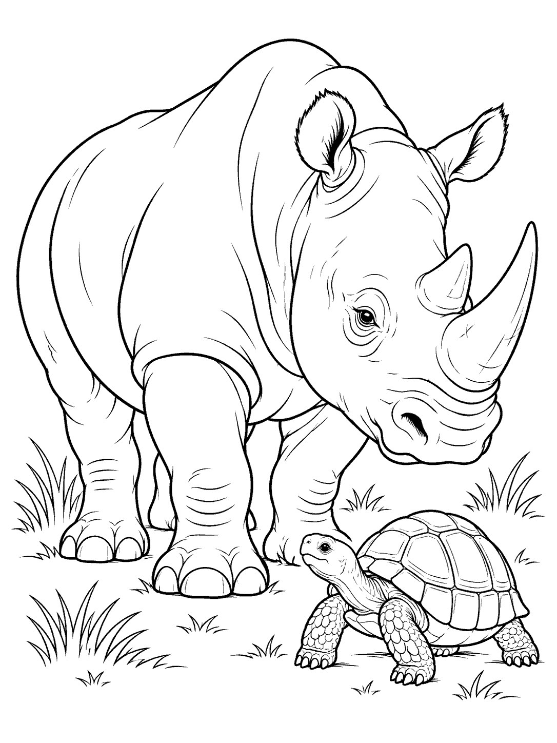 A large rhino stands beside a small tortoise among a few grass tufts.