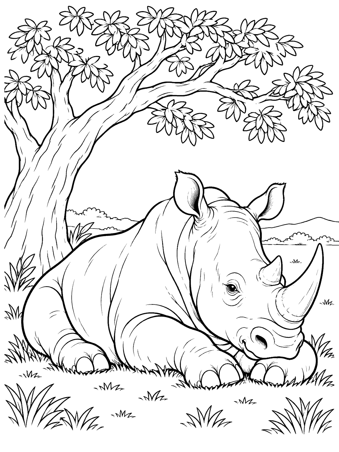 A resting rhino beneath a leafy tree, surrounded by grass and an open landscape.