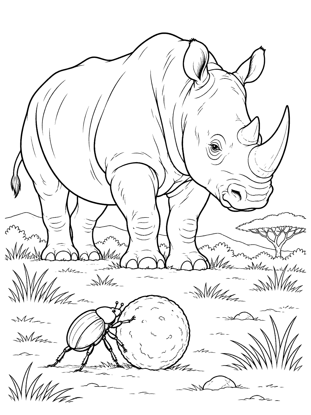 A large rhino stands among sparse grass while a small dung beetle rolls a round ball in the foreground.