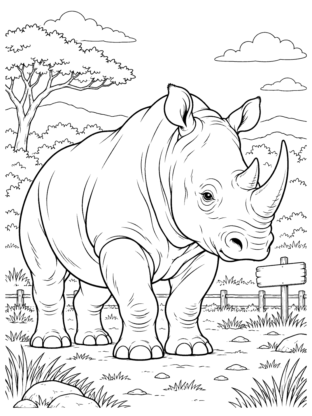 Large rhino in a grassy reserve with trees, a wooden fence, and a blank signpost.