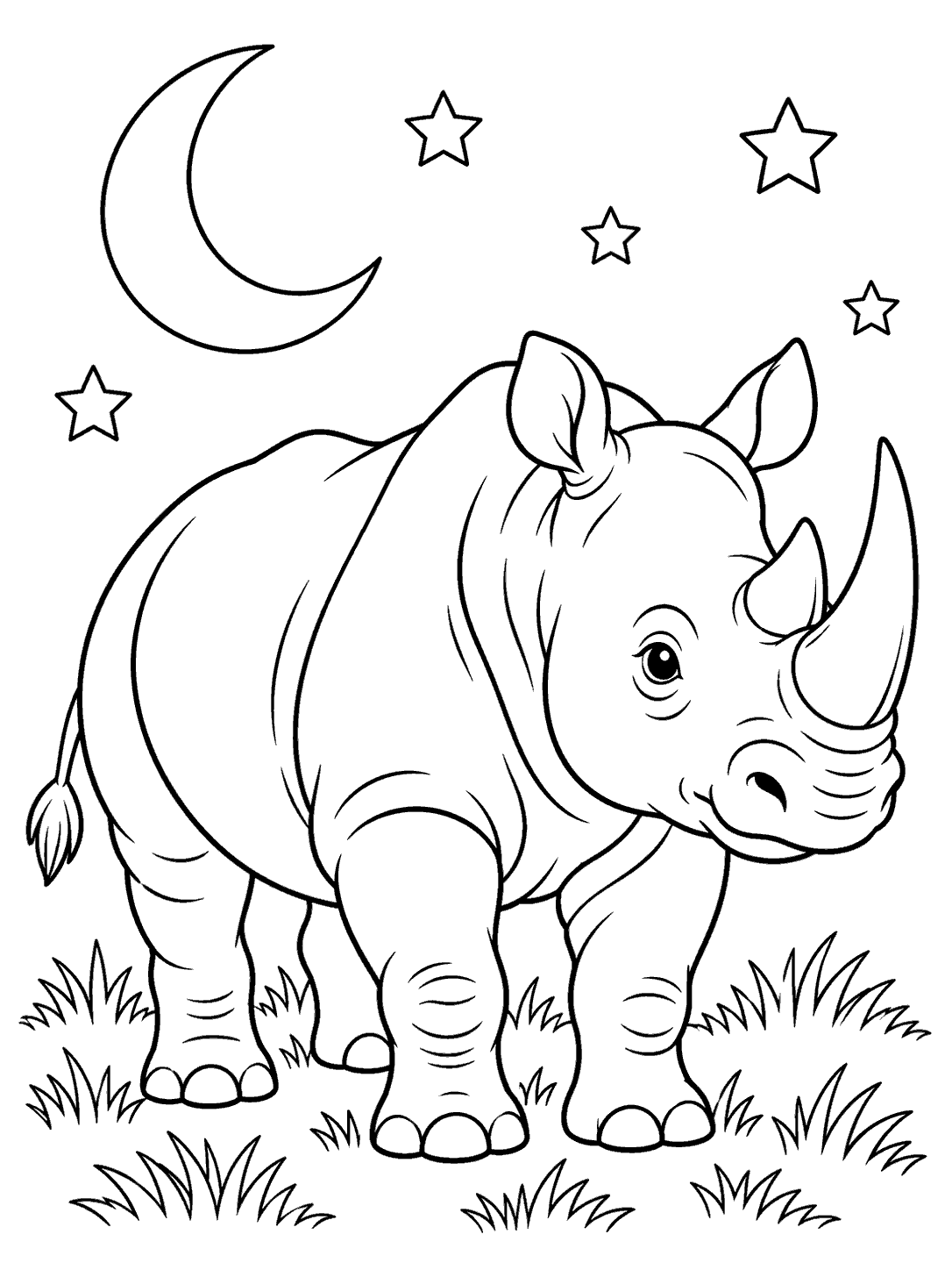 Black-and-white coloring page showing a large rhino beneath a crescent moon and five outlined stars, with grass along the bottom.