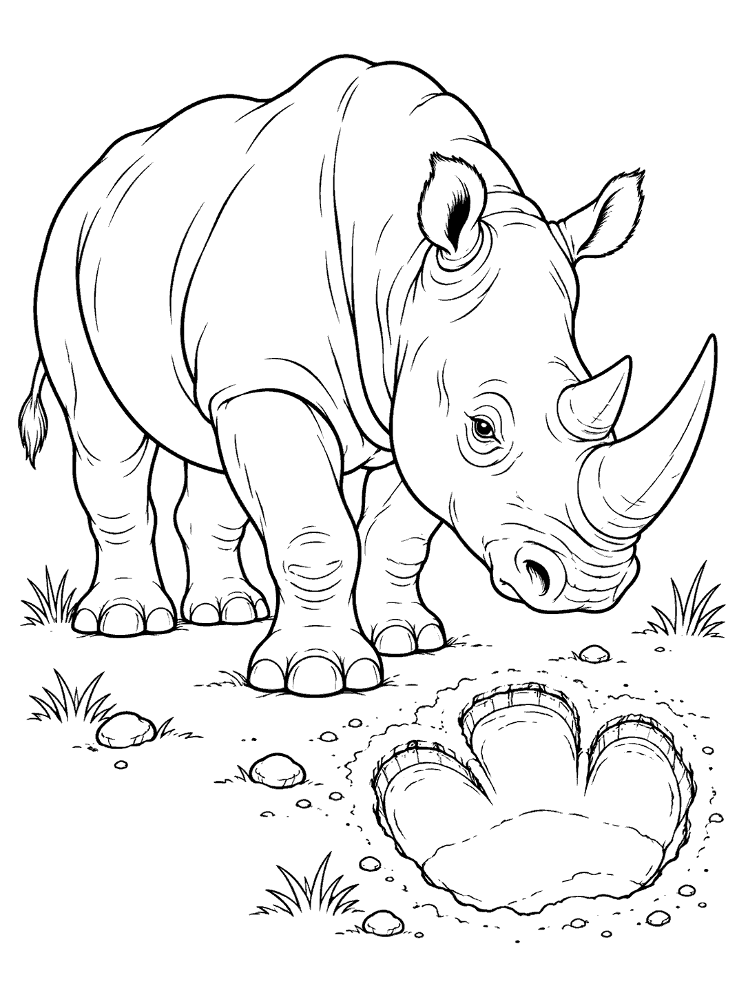Rhino beside a large rhinoceros footprint