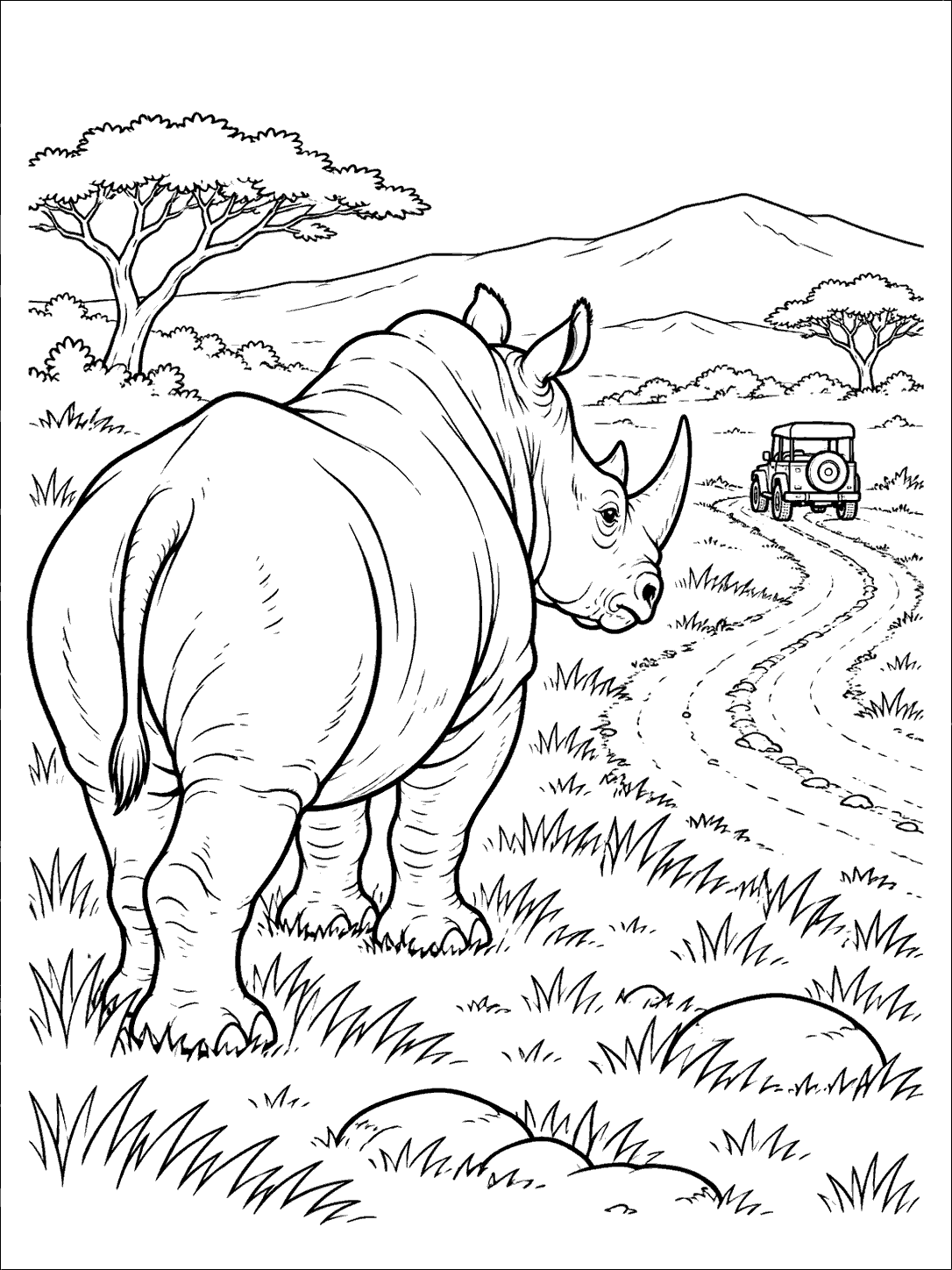 Large rhino looking toward a small safari jeep on a track, with low hills and trees behind it